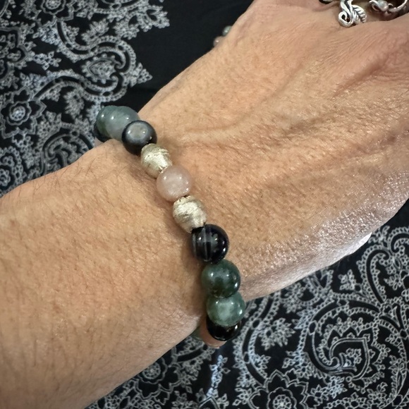 JUNGLE HIPPIE BRACELET - moss agate, sunstone, black agate, handmade trade beads - Picture 2 of 9